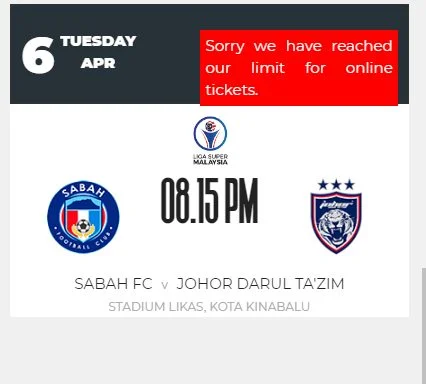 tiket sold out sabah vs jdt