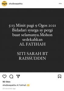 Siti Sarah Raissuddin meninggal dunia